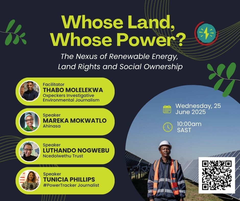 🏡⚡ WHOSE LAND, WHOSE POWER?
SA's renewable boom is reshaping communities - but who's really in control?

Join our webinar Wed 25 June, 10am SAST:
✅ #PowerTracker tool demo
✅ Community case studies
✅ Energy justice deep-dive
✅ Live Q&amp;A
Register ➡️ bit.ly/social-ownersh…