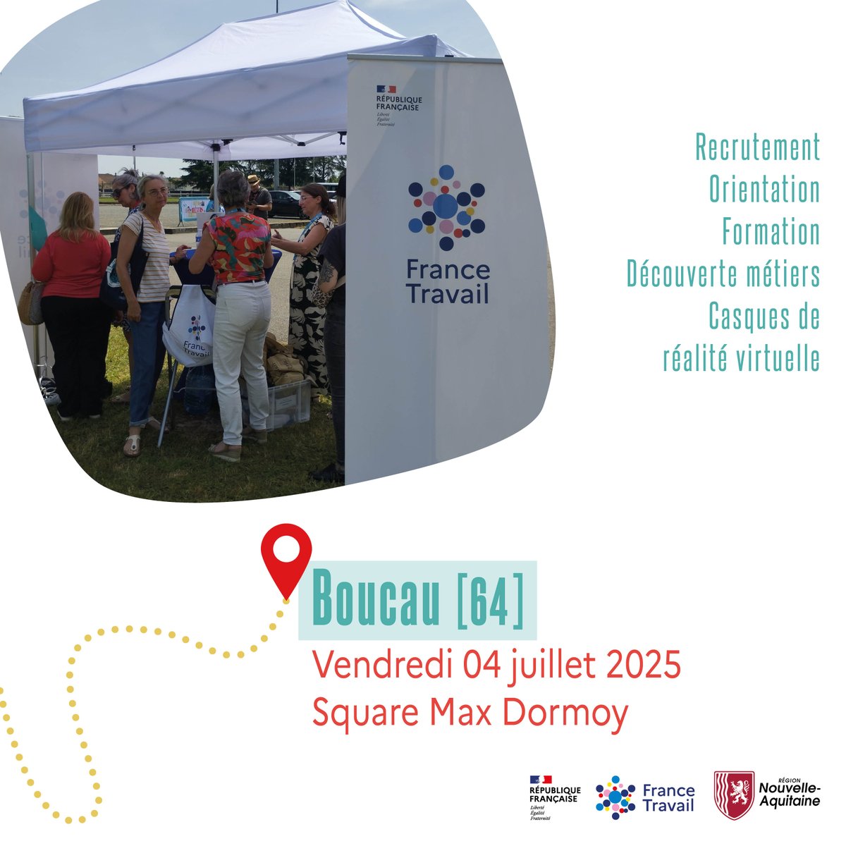 🎪 La Place de l’emploi et de la formation fait son retour en juillet !

📍 Un village mobile pour l’emploi, la formation et les rencontres pro :

🗓️ 02/07 Mourenx (64)
🗓️ 03/07 Morcenx (40)
🗓️ 04/07 Boucau (64)

🔗 Infos &amp; Inscription : francetravail.fr/region/nouvell…
