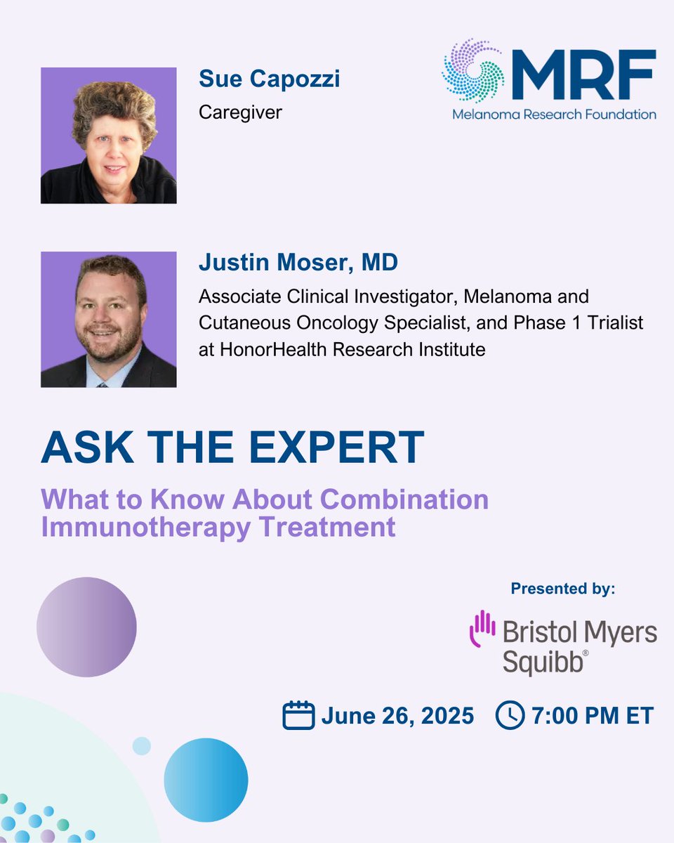Happening this Thursday!

Join us on June 26 at 7:00 PM EST for our next Ask the Expert webinar:

“What to Know about Combination Immunotherapy Treatment”

This week's webinar is designed to help melanoma patients and caregivers better understand combination immunotherapy