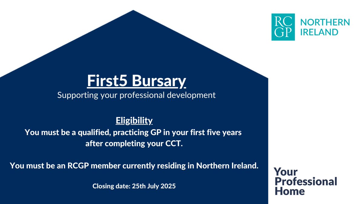 rcgp_ni's tweet image. Apply today for financial support to enhance your knowledge by attending educational courses or providing support for research projects. E.g. RCGP Annual Conference or courses related to a specialist subject. Apply now: tinyurl.com/First5Bursary