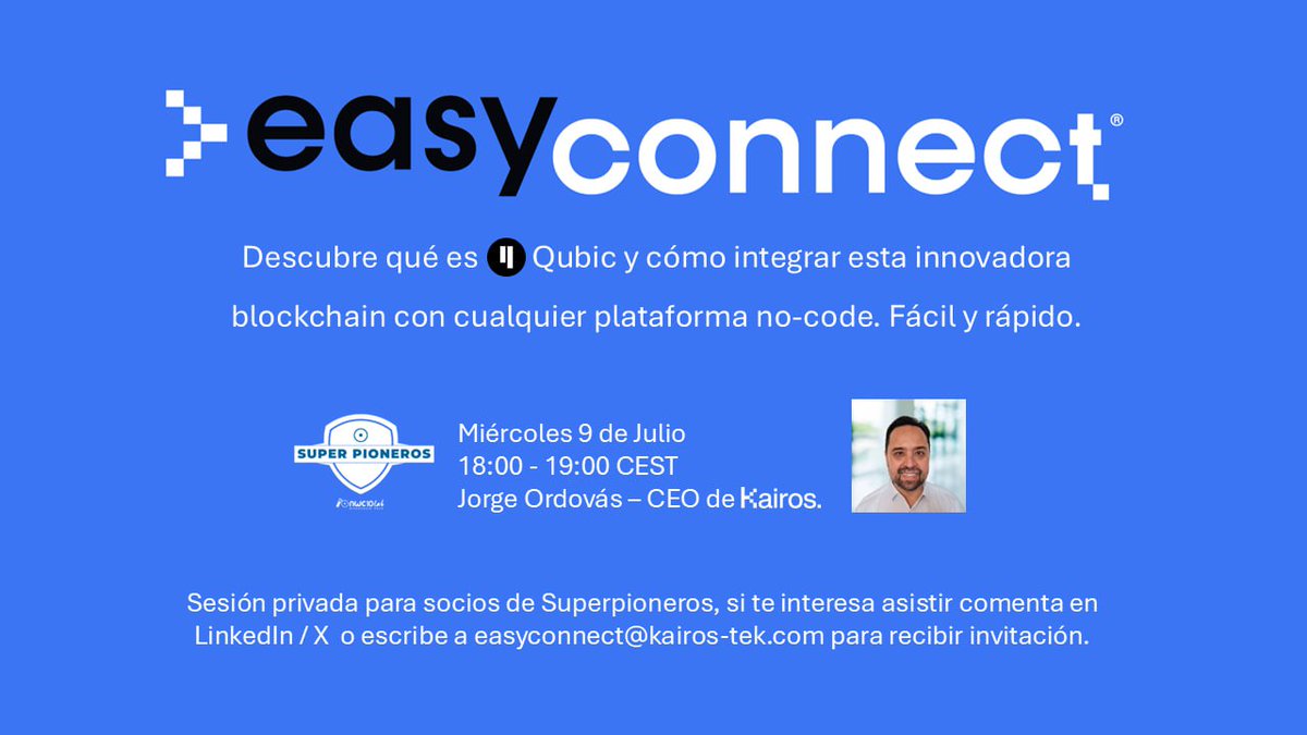 Jorge Ordovás (@joobid) on Twitter photo 📌 El próximo 9 de Julio en una nueva sesión de la comunidad #Superpioneros descubrirás cómo Kairos está abriendo a cualquiera las puertas de la blockchain más disruptiva de 2025, <a href="/_Qubic_/">Qubic</a> , gracias a <a href="/_easyconnect/">Easy Connect - Blockchain for everyone</a>.
La solución, desarrollada tras ganar el 2º premio en el primer 📌 El próximo 9 de Julio en una nueva sesión de la comunidad #Superpioneros descubrirás cómo Kairos está abriendo a cualquiera las puertas de la blockchain más disruptiva de 2025, <a href="/_Qubic_/">Qubic</a> , gracias a <a href="/_easyconnect/">Easy Connect - Blockchain for everyone</a>.
La solución, desarrollada tras ganar el 2º premio en el primer
