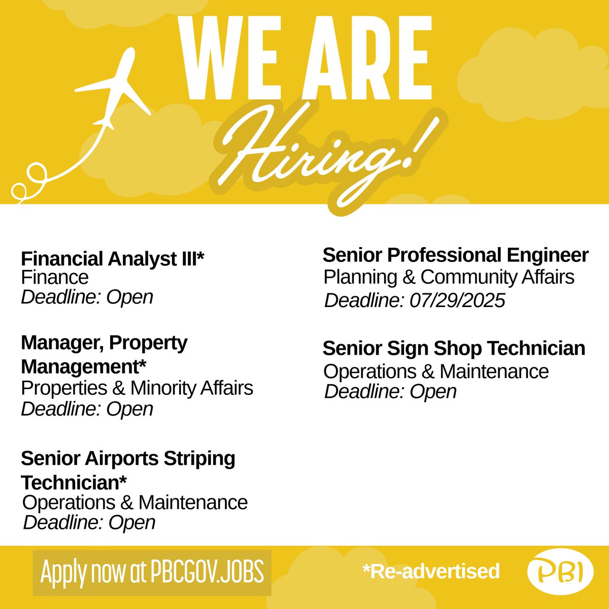 JOIN OUR TEAM!

Take off toward a bright future. Your airport career starts here.
 
Explore exciting opportunities and apply today: pbcgov.jobs ✨