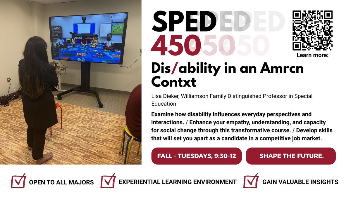 KUSOEHS's tweet image. Students! Are you still looking for a fulfilling Fall 2025 class? Check out SPED 450: Dis/ability in an American Context!

Listen to Lisa Dieker discuss the course here: bit.ly/4laKPB4