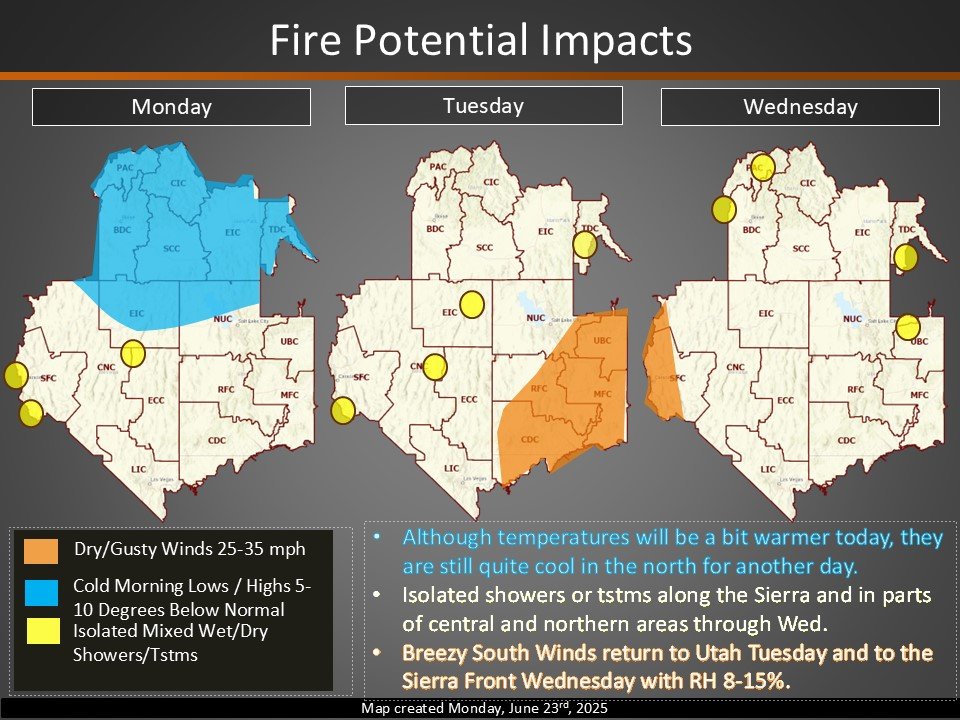 Fire Potential Impact Map for Monday-Wednesday 06/23/25-06/25/25  #gbcc #greatbasincoordinationcenter
<a href="/GreatBasinCC/">GBCC News and Notes</a>
