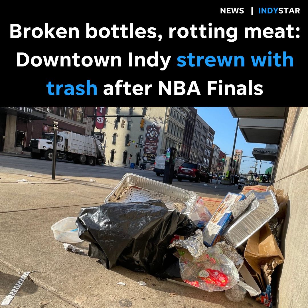 indystar's tweet image. Broken bottles, rotting meat: Downtown Indy strewn with trash after NBA Finals bit.ly/44hVQK1