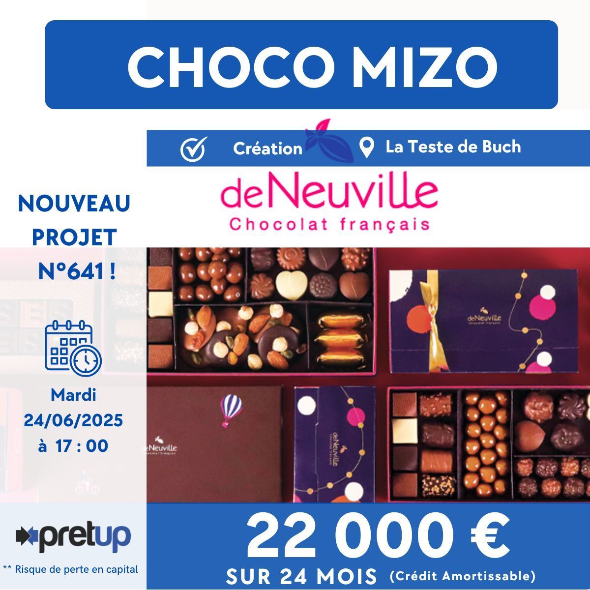 [⚡Nouveau projet n° 641⚡] 

Prépublication du projet "CHOCO MIZO" : 22 000 € recherchés sur 24 mois (crédit amortissable) pour financer la trésorerie de départ.  

Ouverture de la collecte demain à 17h  

monespace.pretup.fr/chocomizo-5528 

Risque de non remboursement du capital prêté