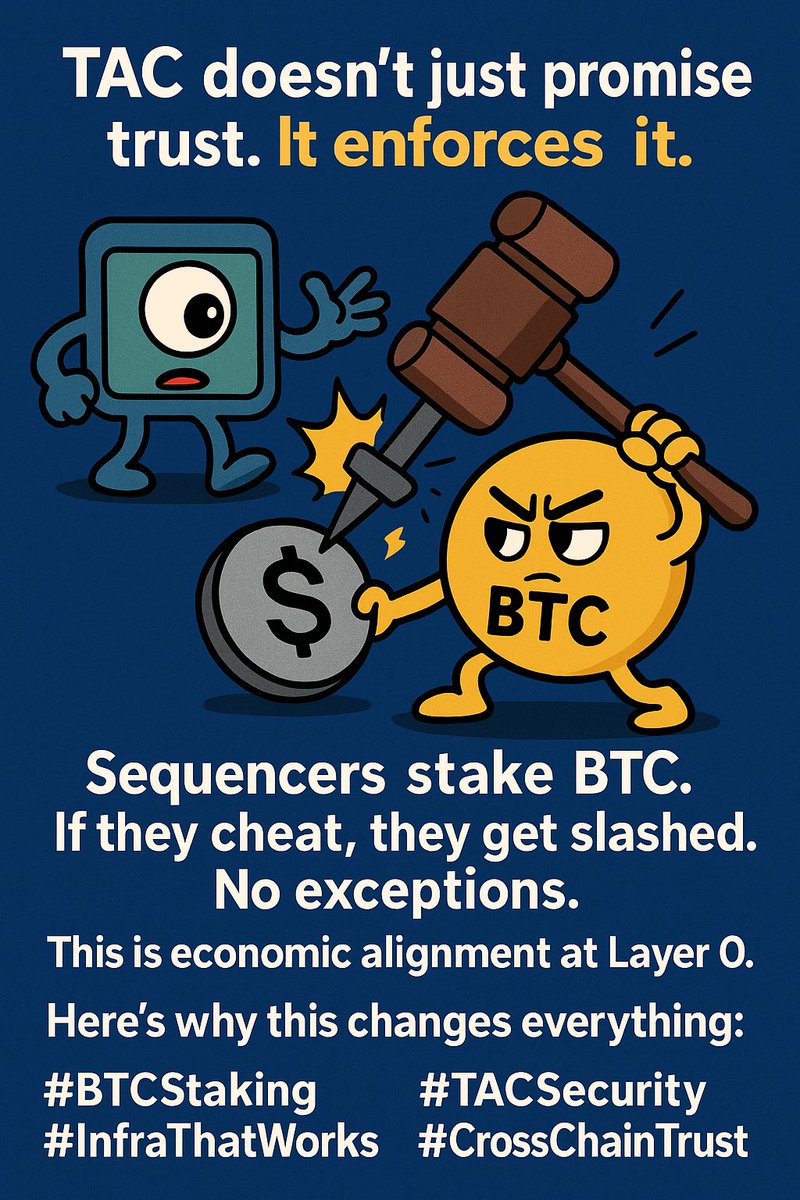 AnnelleScultho1's tweet image. TAC doesn’t just promise trust.
It enforces it.
Sequencers stake BTC.
If they cheat, they get slashed. No exceptions.
This is economic alignment at Layer 0.

Here’s why this changes everything:
#BTCStaking #TACSecurity #InfraThatWorks #CrossChainTrust @TacBuild