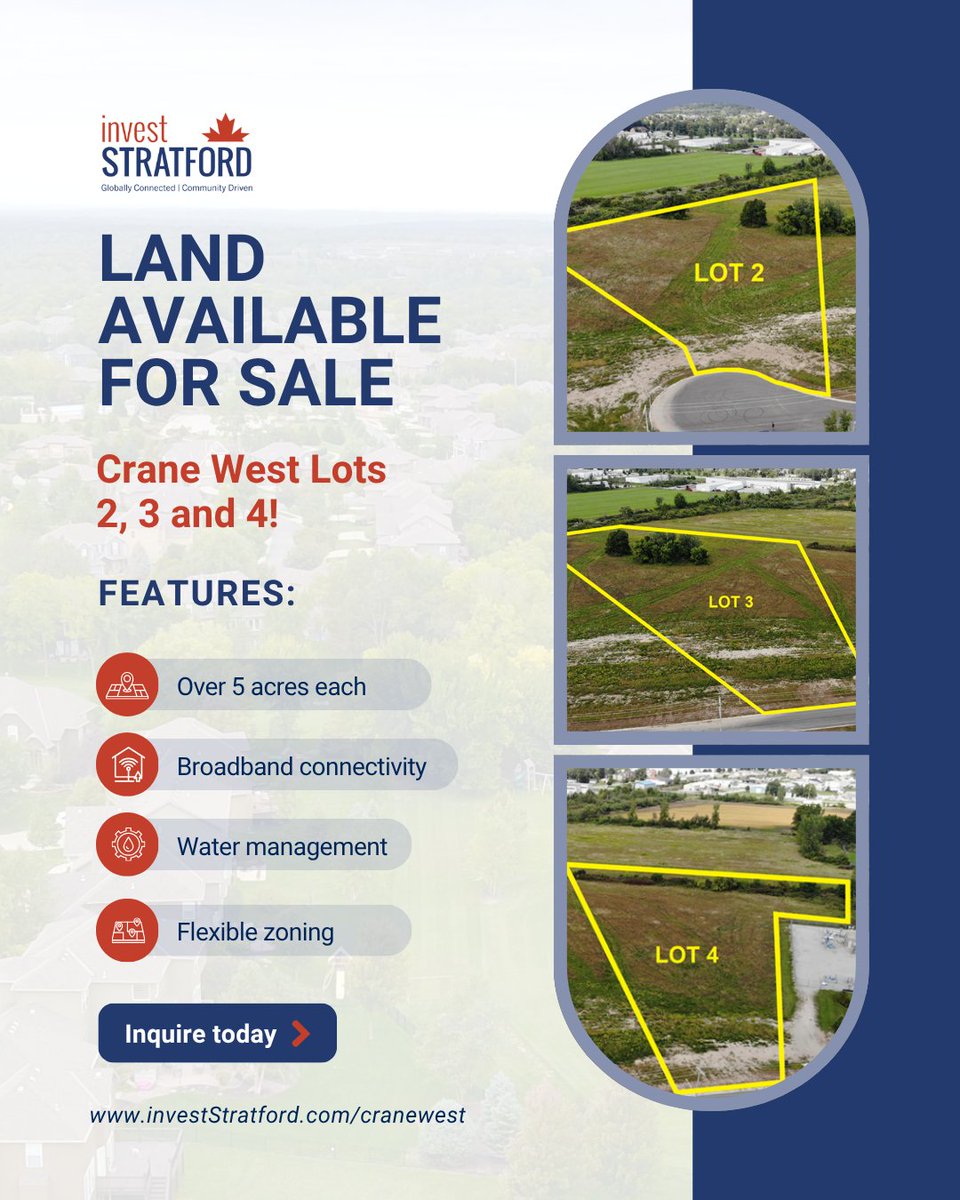 Land Opportunity! If you're ready to scale your operations, investStratford’s Crane West Business Park has what you need to grow. 🌱 Lots 2, 3 &amp; 4 are now available each offering 5+ acres, infrastructure, and a strategic location.

📍 Learn more at bit.ly/3ShauuJ