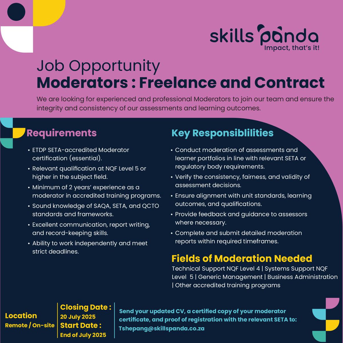 skillspanda_rsa's tweet photo. Skills Panda is Hiring!
- Accredited Assessor
- Moderator
- Training Facilitator
Apply today and be part of shaping futures with Skills Panda.
#skillspanda
#nowhiring
#trainingprofessionals
#assessor
#moderator
#facilitator https://t.co/PPlpphQI29