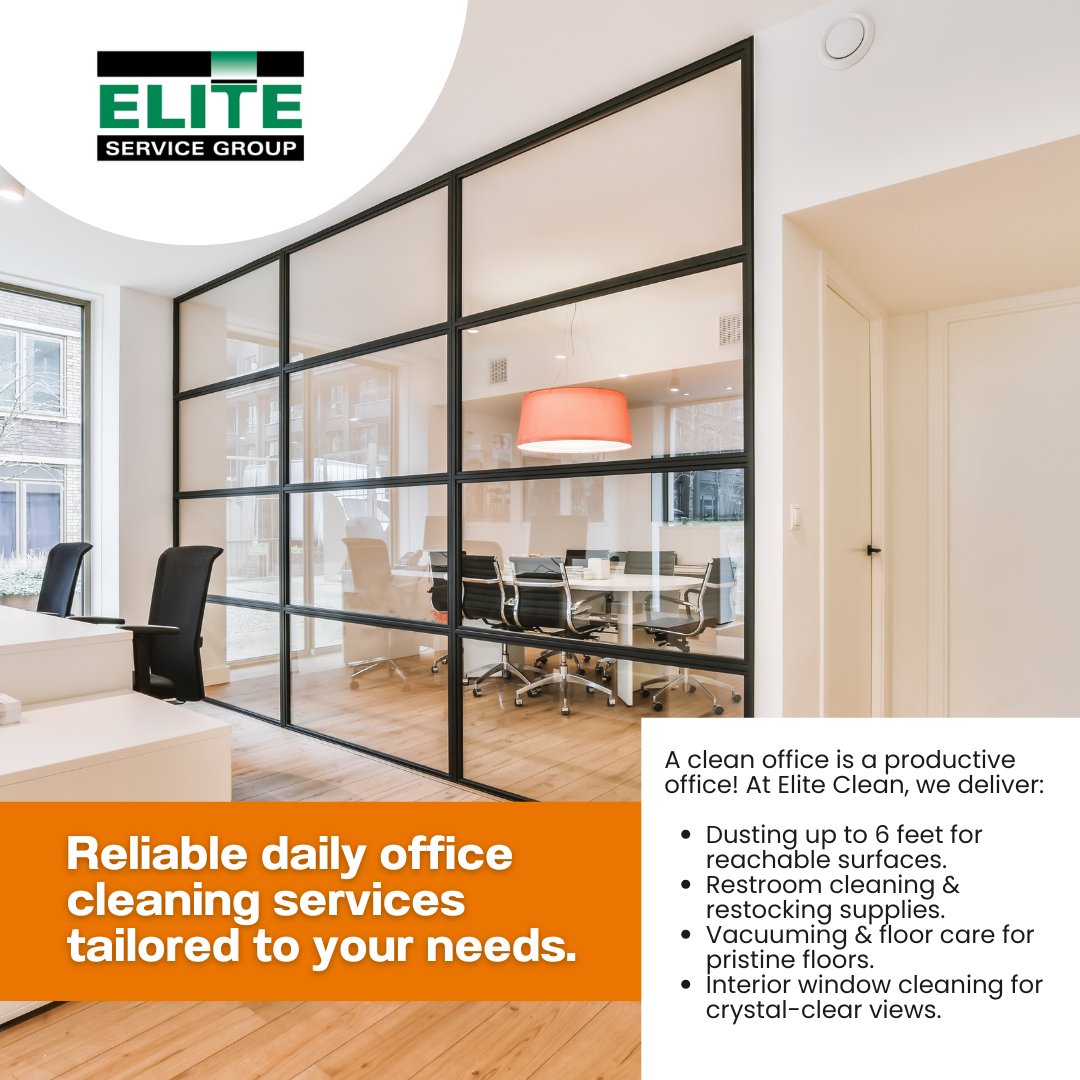 CleanbyElite's tweet photo. Start and end your day with a clean space! 🧹 At Elite Clean, we ensure your office is pristine every single day.

📞 Reach out today and let us keep your office shining!

#EliteServiceGroup #OfficeCleaning https://t.co/HW6yhADfjA