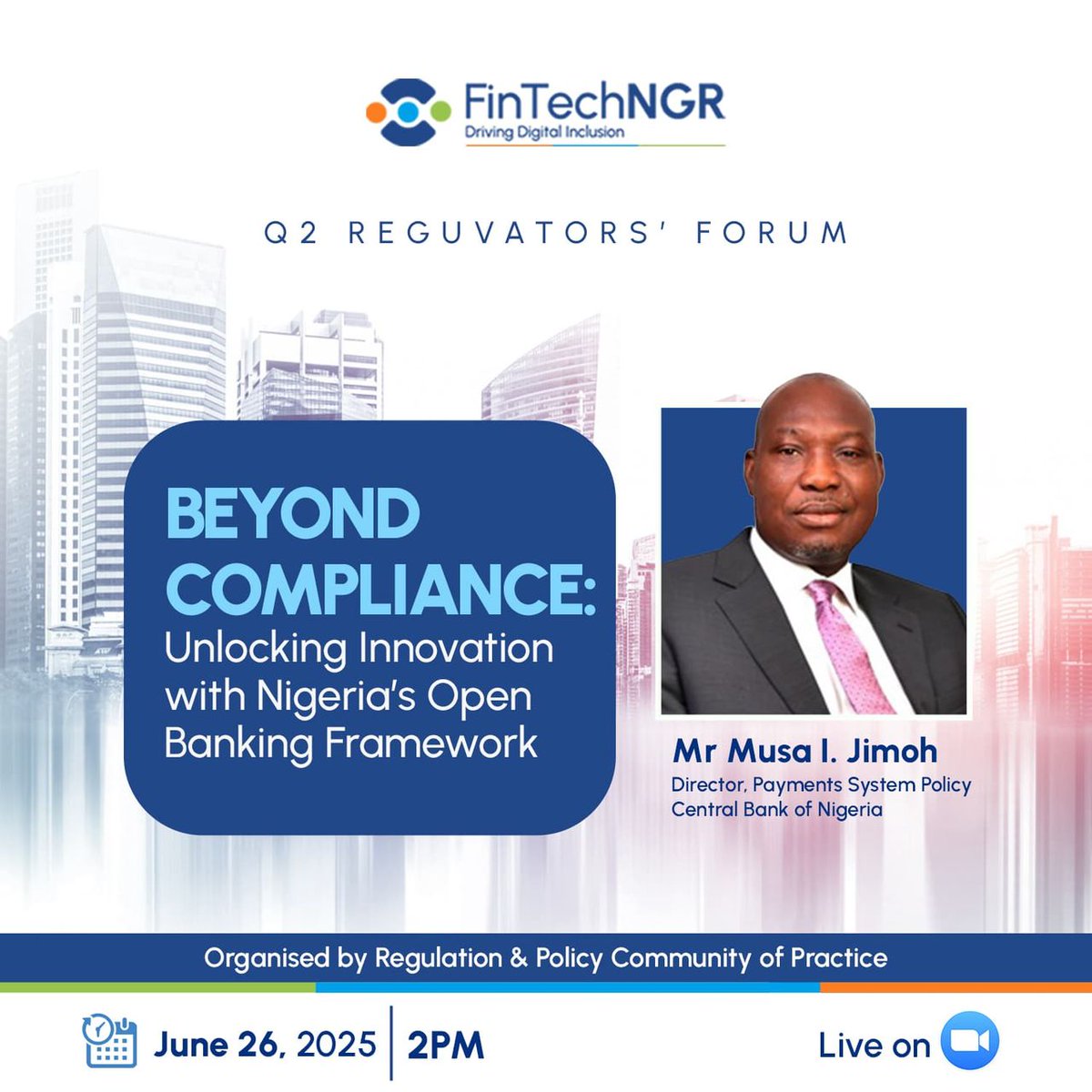 withconvexity_'s tweet image. We are pleased to invite you to the Q2 edition of FintechNGR’s Reguvators’ Forum, a quarterly platform that connects regulators and fintech innovators for progressive dialogue. 
We are honored to host Mr. Musa I. Jimoh, Director of Payment Systems Policy at the Central Bank of…