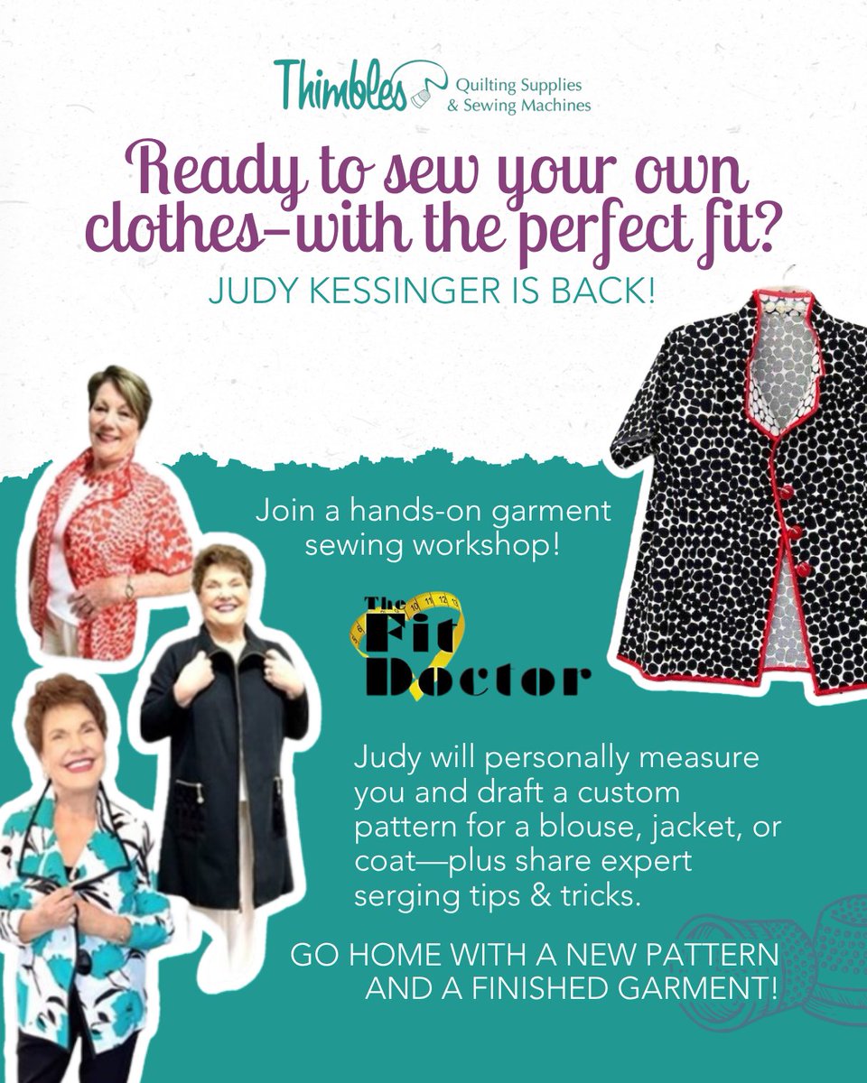thimblesquilts's tweet photo. Are you ready to sew your own garments?
https://t.co/qCPye7bKHJ 

Kessinger returns on August 15 to personally measure and draw a blouse, jacket, or coat pattern for you! She'll give hands-on serging tips and tricks and you'll go home with a new pattern and garment to match! https://t.co/01Z4gRhkIk