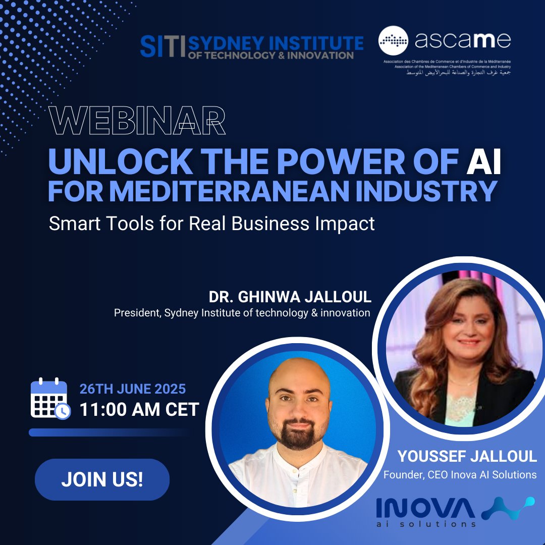 📲 Save the date for the webinar ‘Unlock the power of #AI for #Mediterranean industry’, to be held on June 26 at 11 am (CET) in collaboration with ASCAME's partner Sydney Institute of Technology &amp; Innovation.

▶️ Do not miss it! Register now! 👉n9.cl/bf0tx