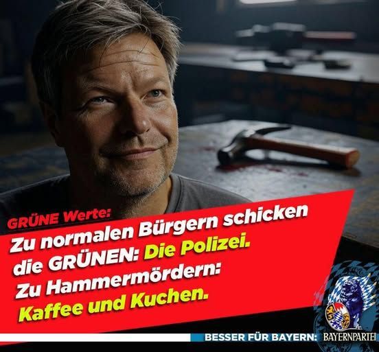 Zu Meme-Teilern schicken sie die Polizei 👮🏻‍♂️
Zu Hammer-Attentätern: Kaffee &amp; Kuchen ☕️🍰

GRÜNE Doppelmoral in Reinform.
Verhältnismäßigkeit? Fehlanzeige.

#MajaT #SimeonT #BesserFürBayern #Bayernpartei