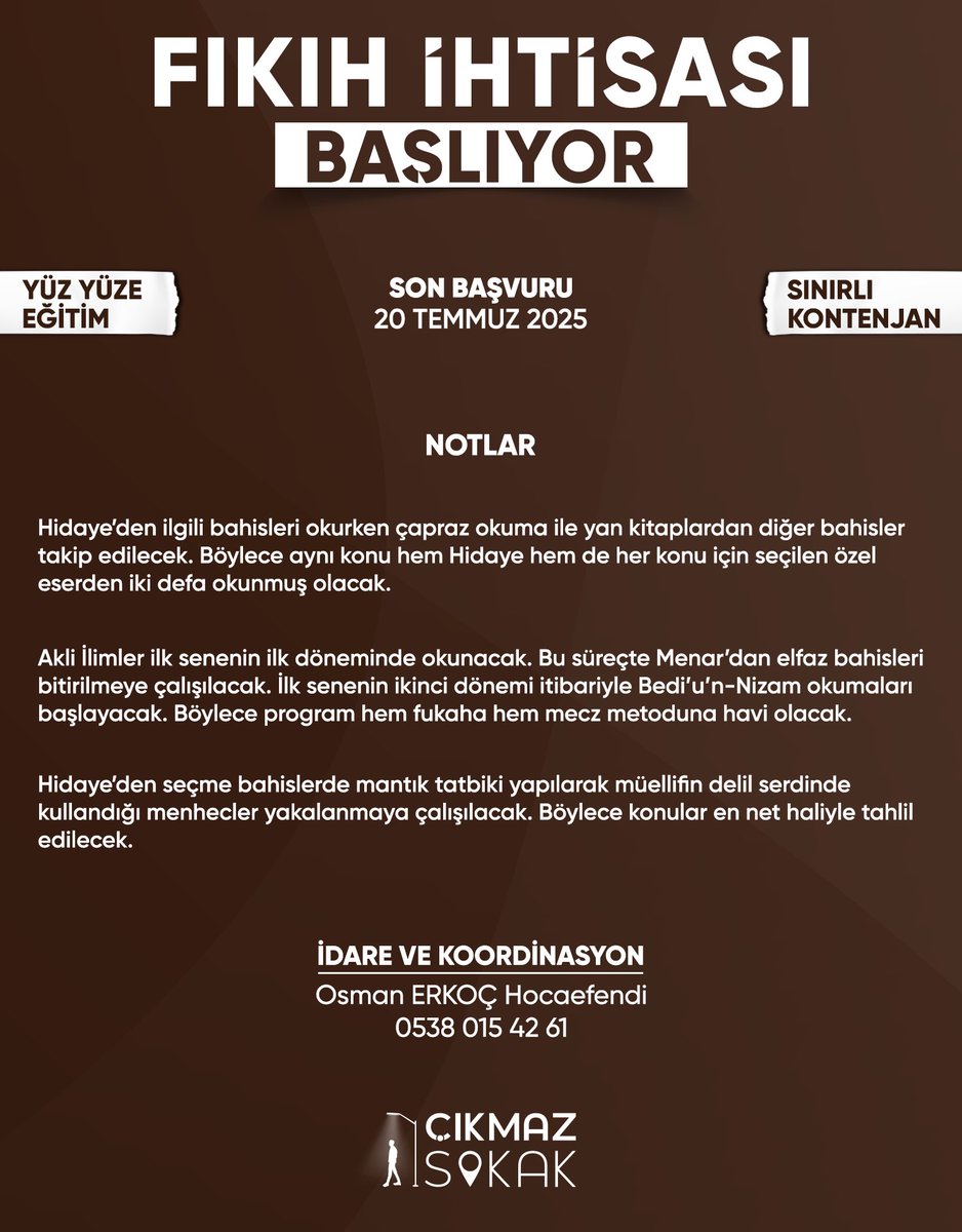 İsmailağa Camiamıza hayırlı olsun inşallah. 

Son derece yetkin hocaların ve farklı meşreplerin bir araya geleceği bir program olacak. 

📢 Son Başvuru Tarihi 
20 Temmuz 2025

<a href="/cikmazsokakder/">Çıkmaz Sokak</a>