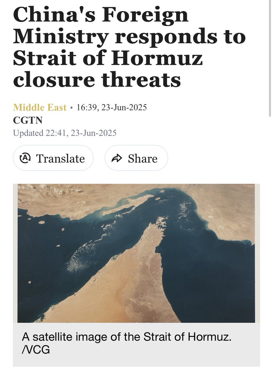 China's Foreign Ministry responds to Strait of Hormuz closure threats - CGTN

“The Persian Gulf and its adjacent waters are vital international passages for goods and energy trade, said Guo Jiakun, the spokesperson.

Maintaining security and stability in the region aligns with