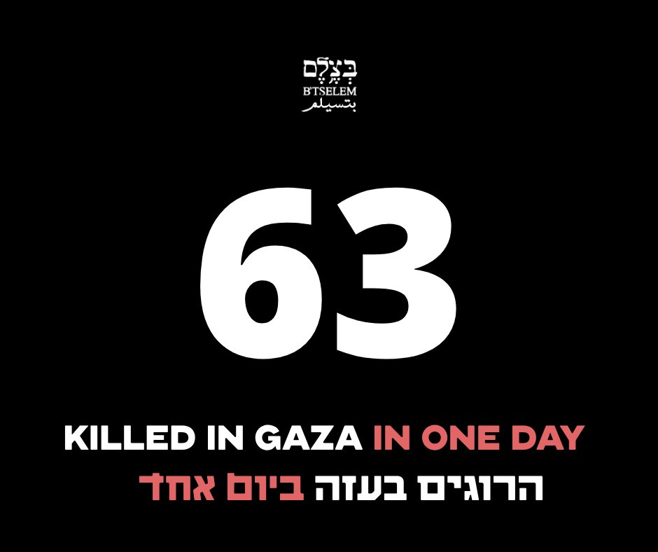 B'Tselem ืืฆืื ุจุชุณููู
(@btselem) on Twitter photo The killing in Gaza continues even as the worldโs focus is on Iran.
Yesterday, June 22, the Israeli military killed 63 people, 16 of whom were waiting for humanitarian aid.
ืืฉืจืื ืืืฉืืื ืืช ืืืจื ืืขืื ืื ืืืื ืฉืื ืชืฉืืืช ืืื ืืืืืช ืืืืจืื.
ืืชืืื, 22.6, ืืฆืื ืืืฉืจืืื ืืจื 63 ืื ื ืืื - The killing in Gaza continues even as the worldโs focus is on Iran.
Yesterday, June 22, the Israeli military killed 63 people, 16 of whom were waiting for humanitarian aid.
ืืฉืจืื ืืืฉืืื ืืช ืืืจื ืืขืื ืื ืืืื ืฉืื ืชืฉืืืช ืืื ืืืืืช ืืืืจืื.
ืืชืืื, 22.6, ืืฆืื ืืืฉืจืืื ืืจื 63 ืื ื ืืื -