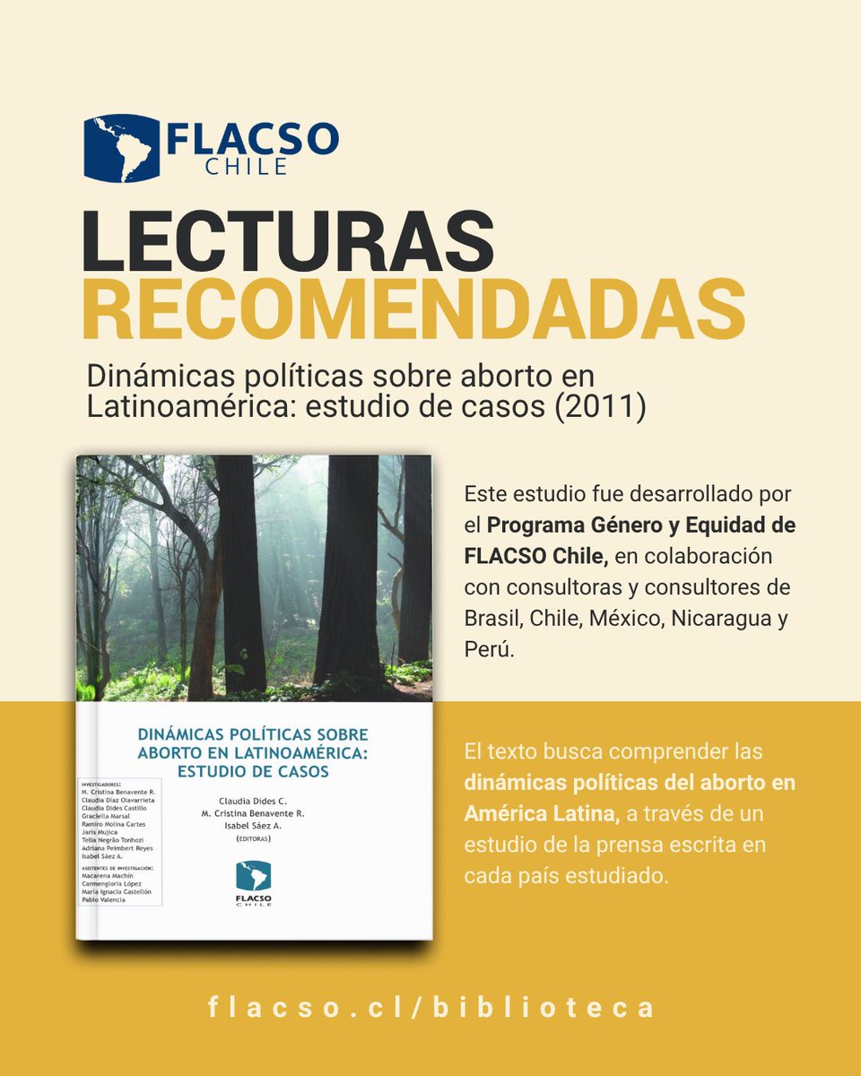 #LecturasRecomendadas | 📘 ¿Cómo se configuró el debate político sobre el aborto en América Latina?

Revisa el libro Dinámicas políticas sobre aborto en Latinoamérica, un estudio comparado del Programa Género y Equidad de FLACSO Chile.

Disponible aquí 👉 flacso.cl/biblioteca/pro…