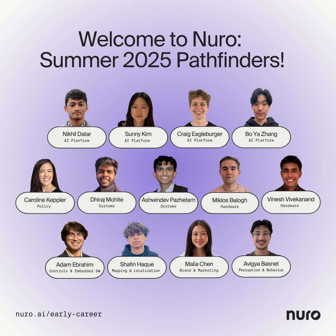 nuro's tweet image. We’re committed to fostering the next generation of AV talent.
Looking forward to a summer full of collaboration, curiosity, and impact!
#AutonomyForAll #SelfDriving #AutonomousVehicles #AI