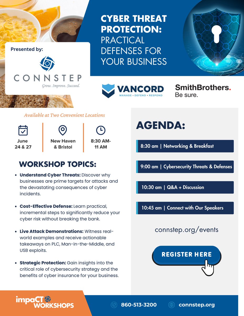 CONNSTEP is hosting TWO Cyber Protection workshops this week!

Learn to safeguard your business from cyber threats and a witness a live simulation demonstrating 3 common attack types.

Sign up today to join us tomorrow in New Haven or Friday in Bristol: connstep.org/events/