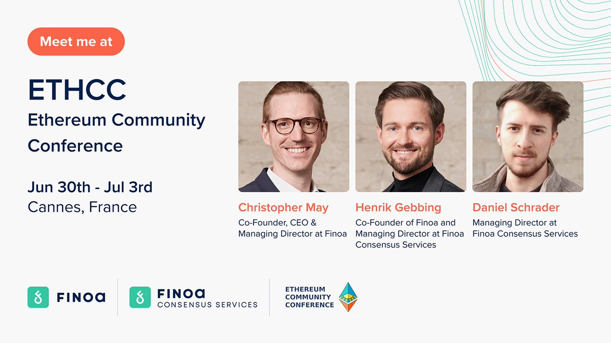 Finoa (@finoa_io) on Twitter photo <a href="/Finoa_io/">Finoa</a> 's Co-Founder, CEO and Managing Director, <a href="/chris_aprl/">Christopher May</a> , <a href="/Finoa_io/">Finoa</a> Co-Founder and Managing Director at <a href="/FinoaConsensus/">Finoa Consensus Services</a> , <a href="/hgfinoa/">Henrik Gebbing</a> , and <a href="/danielschrdr/">Daniel</a> , Managing Director at <a href="/FinoaConsensus/">Finoa Consensus Services</a> , will be attending <a href="/EthCC/">EthCC - Ethereum Community Conference</a> (Ethereum Community Conference) in Cannes! 🇫🇷
This <a href="/Finoa_io/">Finoa</a> 's Co-Founder, CEO and Managing Director, <a href="/chris_aprl/">Christopher May</a> , <a href="/Finoa_io/">Finoa</a> Co-Founder and Managing Director at <a href="/FinoaConsensus/">Finoa Consensus Services</a> , <a href="/hgfinoa/">Henrik Gebbing</a> , and <a href="/danielschrdr/">Daniel</a> , Managing Director at <a href="/FinoaConsensus/">Finoa Consensus Services</a> , will be attending <a href="/EthCC/">EthCC - Ethereum Community Conference</a> (Ethereum Community Conference) in Cannes! 🇫🇷
This