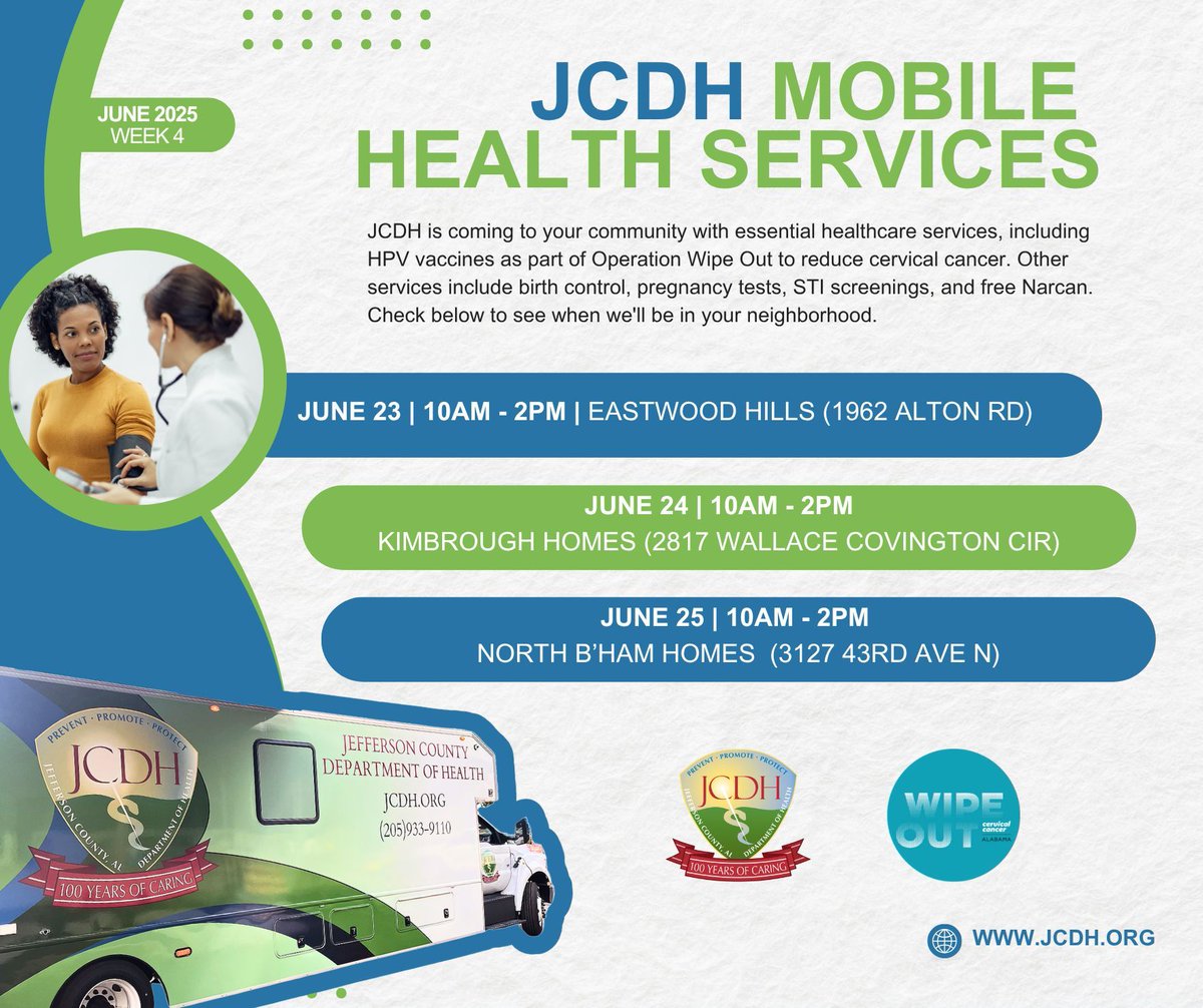 🚐✨ The JCDH Mobile Health Unit is coming to your area, bringing essential medical services. As part of Operation WIPE OUT, we're fighting cervical cancer with HPV vaccines. We also provide birth control, pregnancy tests, STI checks, and free Narcan.