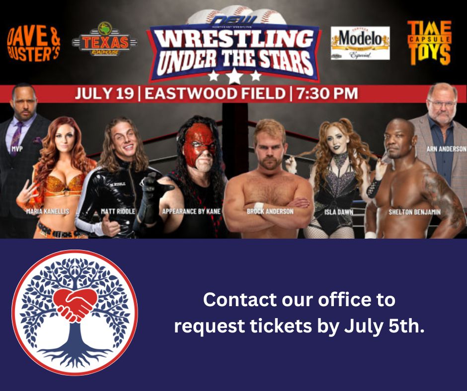 MahoningDD's tweet photo. Wrestling Under the Stars is coming to Eastwood Field on July 19th at 7:30!
Fairhaven Foundation is offering 2 free tickets for this event to MCBDD eligible individuals!   In Mahoning Co, call Tricia at 330-797-3051 or email MCBDDevents@mahoningcountyoh.gov.
RSVP by July 5! https://t.co/IYANDEVA5Z