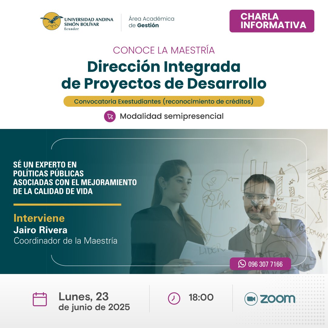 uasbecuador's tweet photo. 📢 HOY | 𝗖𝗵𝗮𝗿𝗹𝗮 𝗶𝗻𝗳𝗼𝗿𝗺𝗮𝘁𝗶𝘃𝗮 | 𝗠𝗮𝗲𝘀𝘁𝗿𝗶́𝗮 𝗲𝗻 𝗗𝗶𝗿𝗲𝗰𝗰𝗶𝗼́𝗻 𝗜𝗻𝘁𝗲𝗴𝗿𝗮𝗱𝗮 𝗱𝗲 𝗣𝗿𝗼𝘆𝗲𝗰𝘁𝗼𝘀 𝗱𝗲 𝗗𝗲𝘀𝗮𝗿𝗿𝗼𝗹𝗹𝗼

🎓 Convocatoria especial para exestudiantes (reconocimiento de créditos)

¿Quieres liderar proyectos que transformen realidades? Esta maestría te forma para diseñar, gestionar y evaluar iniciativas que aborden la pobreza, la desigualdad y el desarrollo territorial, usando metodologías innovadoras y enfoques integrales.

📆 𝗙𝗲𝗰𝗵𝗮: 23 de junio
⏰ 𝗛𝗼𝗿𝗮: 18h00
💻 𝗣𝗹𝗮𝘁𝗮𝗳𝗼𝗿𝗺𝗮: Zoom

👨‍🏫 Interviene: @Jairo_Rivera_V, coordinador de la maestría

📩 Inscríbete para recibir el enlace 👇🏻👇🏻https://t.co/SHO0oAalqO

#ProyectosDeDesarrollo #MaestríaUASB #PosgradosUASB2025 #ExestudiantesUASB #DesarrolloTerritorial #GestiónDeProyectos @GestionUASB