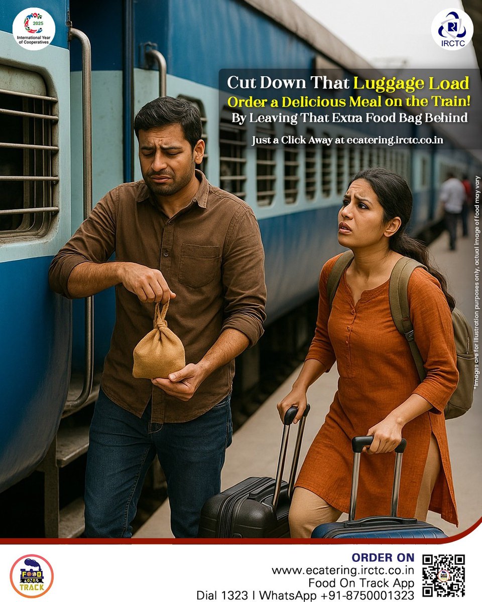 Tired of carrying an extra bag for food on the train? Don't worry, IRCTC's eCatering got your meals covered! Freshly cooked meals are just a click away with the "Food on Track" App. Get your steamy hot meals delivered now!

Order Now!
🌐 ecatering.irctc.co.in
📲 Install