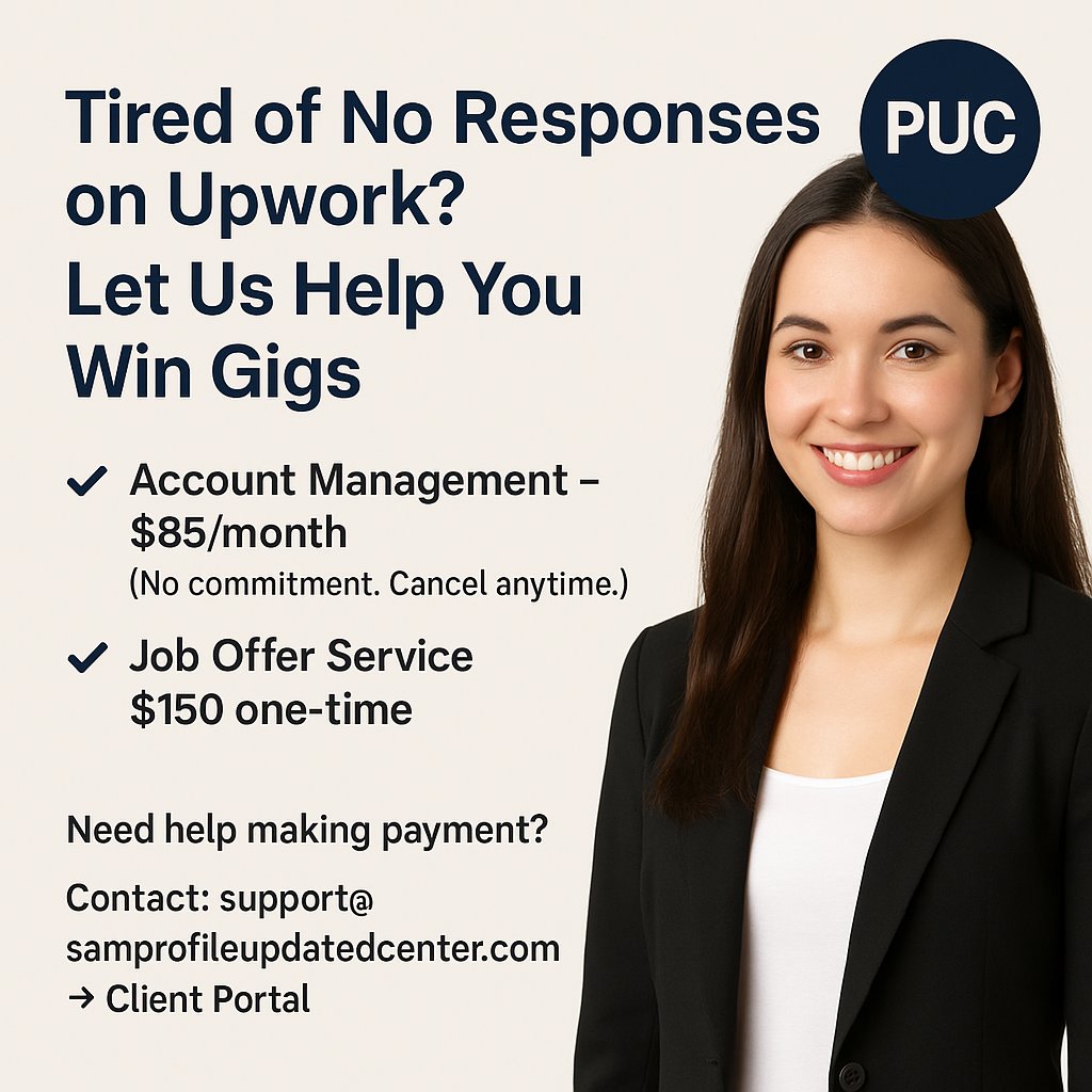 puc_career_supp's tweet image. 🚀 𝐋𝐞𝐭’𝐬 𝐆𝐞𝐭 𝐘𝐨𝐮 𝐚 𝐆𝐢𝐠 𝐨𝐧 𝐔𝐩𝐰𝐨𝐫𝐤 𝐓𝐡𝐢𝐬 𝐖𝐞𝐞𝐤!
At 𝐏𝐫𝐨𝐟𝐢𝐥𝐞 𝐔𝐩𝐝𝐚𝐭𝐞𝐝 𝐂𝐚𝐫𝐞𝐞𝐫𝐬 (𝐏𝐔𝐂), we’re actively working on Upwork right now — and we want your profile on our priority list!
#GetHiredNow #SmartProposals #UpworkStrategy #CareerPlug