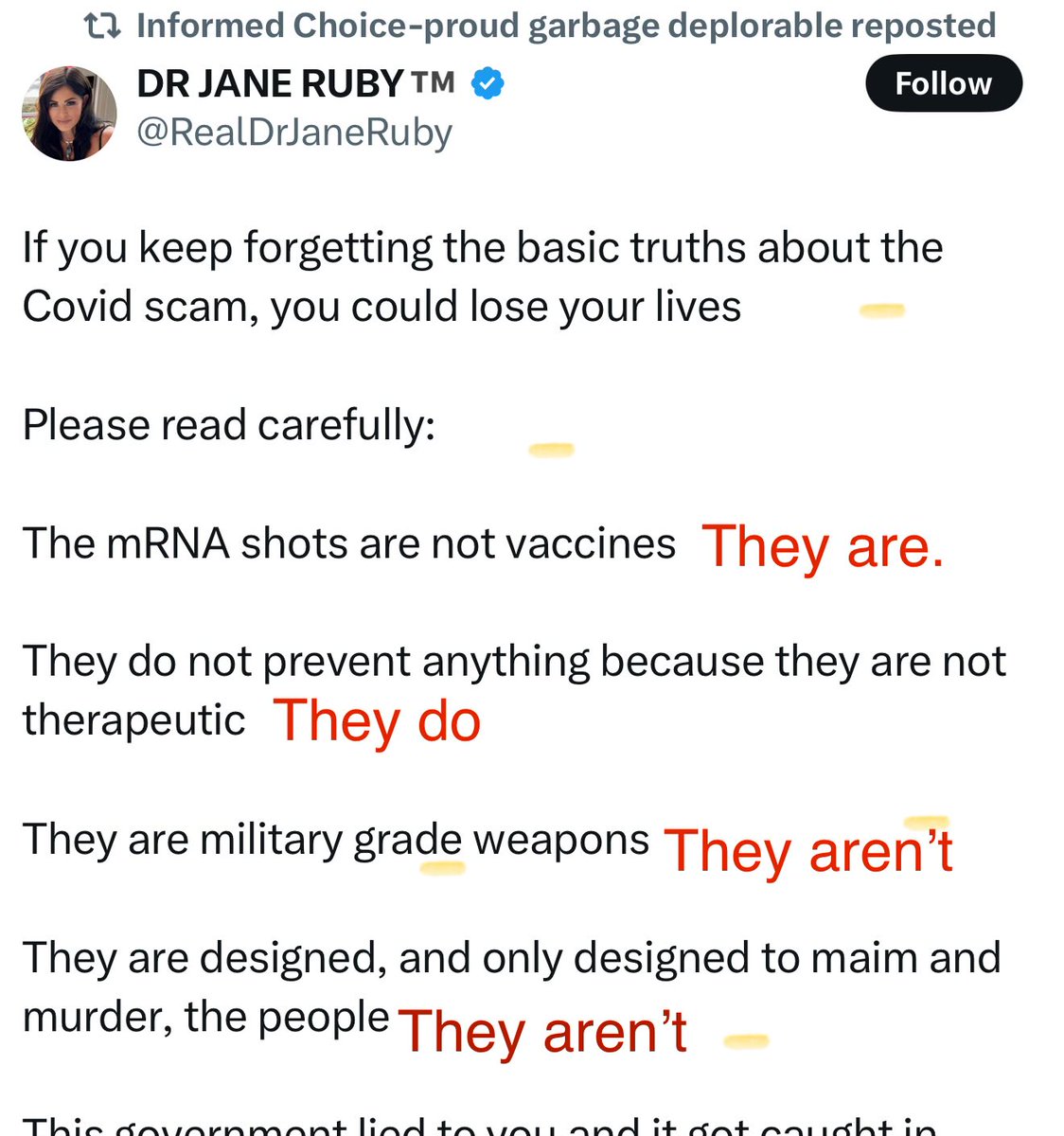 I see that (not a medical) Dr Ruby is spreading conspiracy theories again.