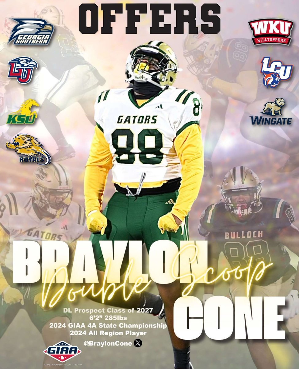 Braylon Cone 
2027 DL Prospect 
6ft 2inchs / 292 Ibs
Bulloch Academy 
Statesboro GA

2024 GIAA AAAA STATE CHAMPS 

2024 State Championship season film below. 

youtu.be/hHMvye0vk_s?si…

Twitter: <a href="/BraylonCone/">Braylon Cone {27}</a>

Hudl:
BraylonCone

Offers: Georgia Southern, Western Kentucky