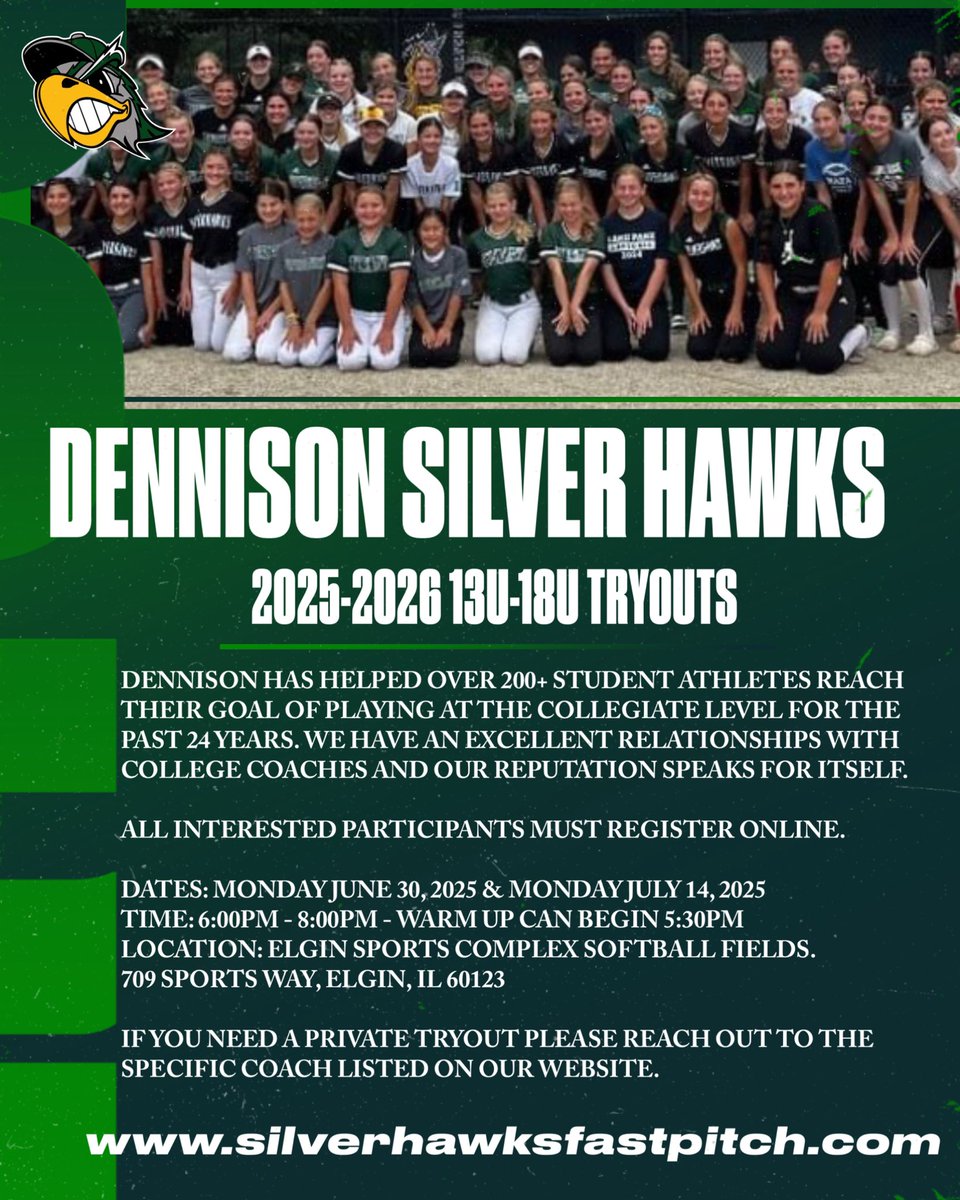 One week until tryouts for the 2025-2026 season! Information below for our 13U-18U tryouts! 

Click the link to register:
silverhawksfastpitch.sportngin.com/register/form/…