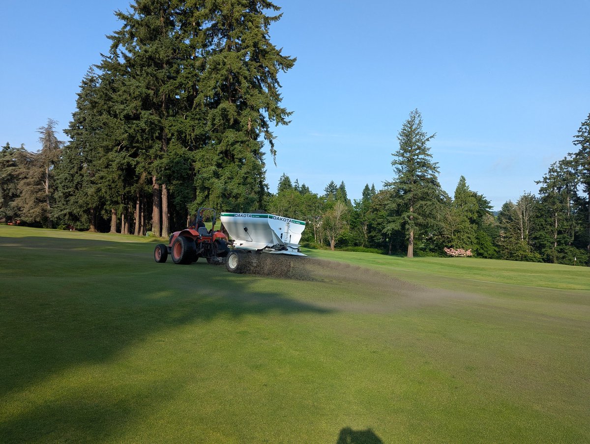 Light topdressing on fairways, approaches and greens today. Busy maintenance Monday.