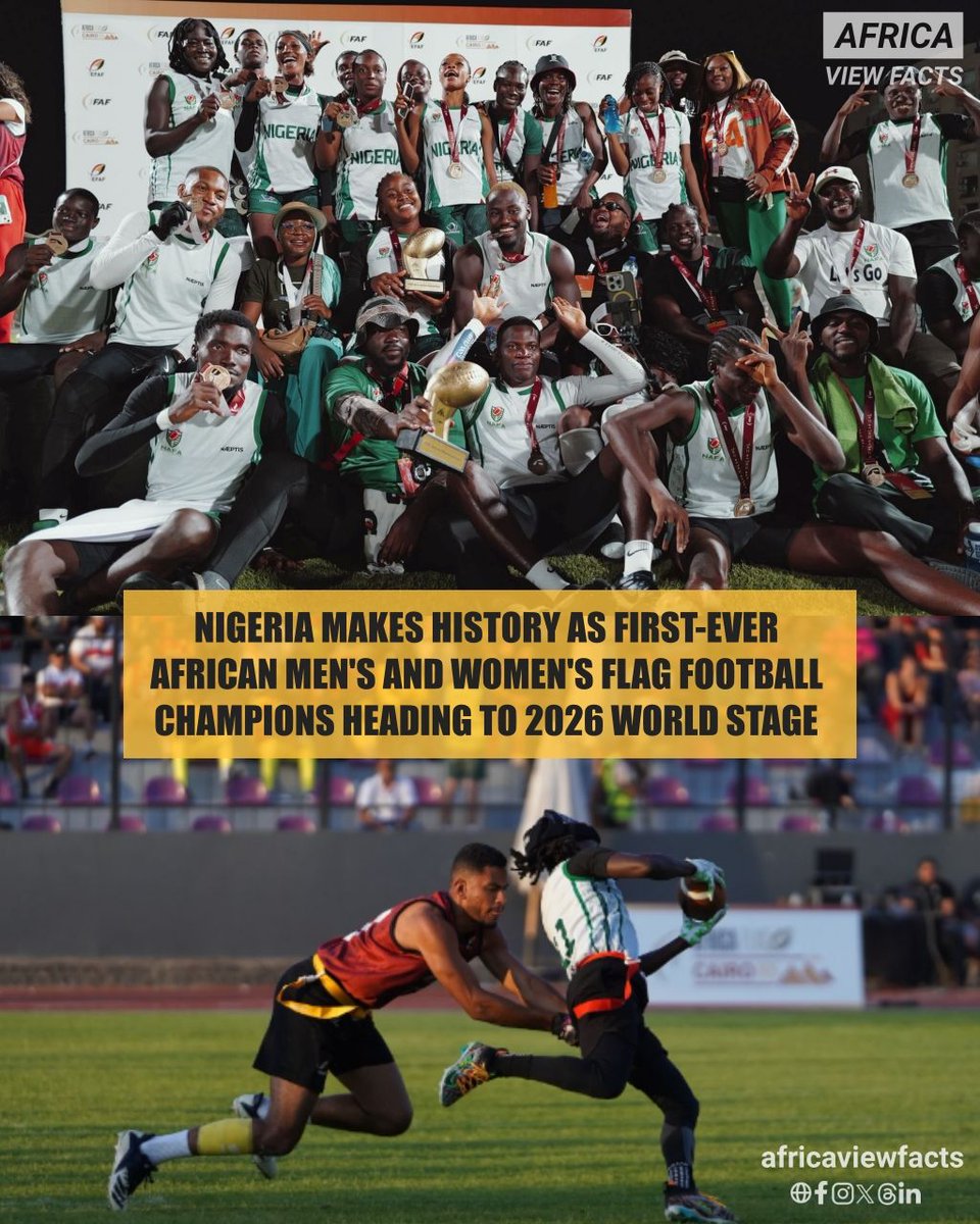 Nigeria 🇳🇬 has made history as the first African country to win both the men’s and women’s flag football titles.

The victories in Cairo, Egypt earned Nigeria a spot among the world’s top 16 teams and a place at the 2026 IFAF Flag Football World Championship.