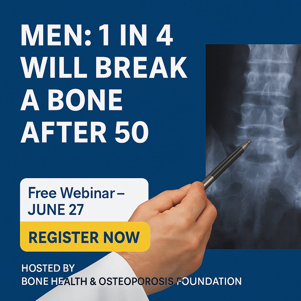 OsteoStrongCarr's tweet photo. Men—1 in 4 will break a bone due to osteoporosis.
 
In honor of Men’s Health Month, join @BoneHealthOst for a free webinar:
🦴 How Men Can Take Action to Prevent Fractures
📅 Thurs, June 27 | 2 PM ET
 
Register Here 👉
https://t.co/xHZfk3CxHy

#MensHealth #FracturePrevention https://t.co/vQMEoYBhvP