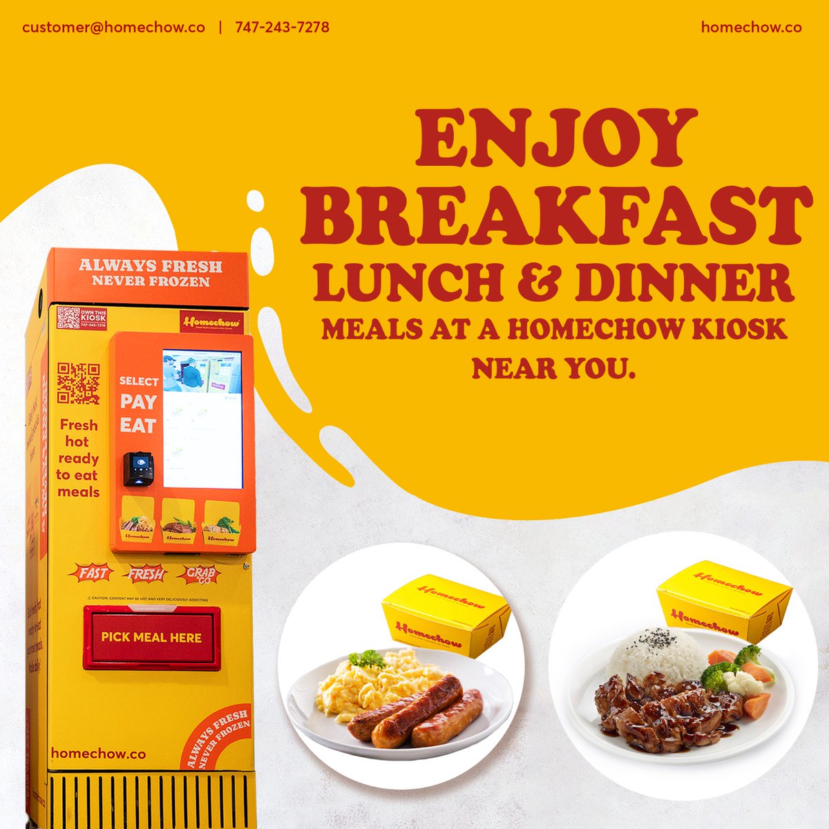 Busy Monday. It's Ok. We get it.
Grab a hot, fresh meal from a Homechow kiosk near you, breakfast, lunch, or dinner.
No lines. No stress. Just tap, pay, eat.
 Fresh. Fast. Ready when you are.
#Homechow #MondayEats #FoodOnTheGo #SmartEating