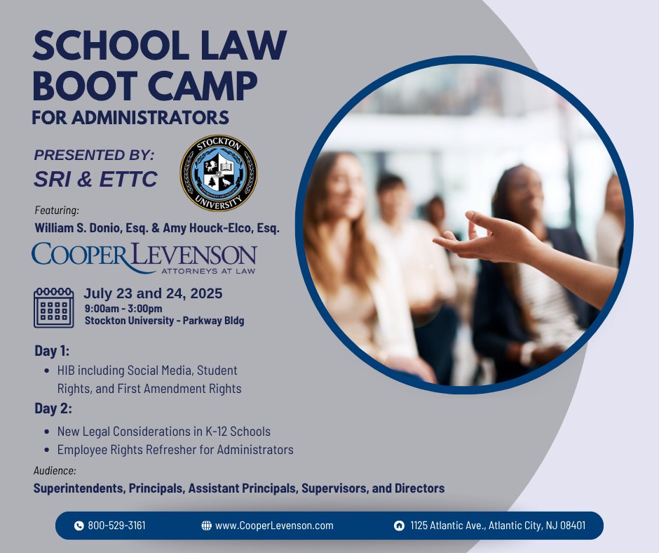 School Law Boot Camp - A must-attend for school administrators looking to stay ahead of the curve and ensure compliance in every area of school law.
sites.google.com/stockton.edu/s…

#SchoolLaw #EducationLaw #SchoolBoard #Superintendent #BusinessAdministrator #HIB #SpecialEducation
