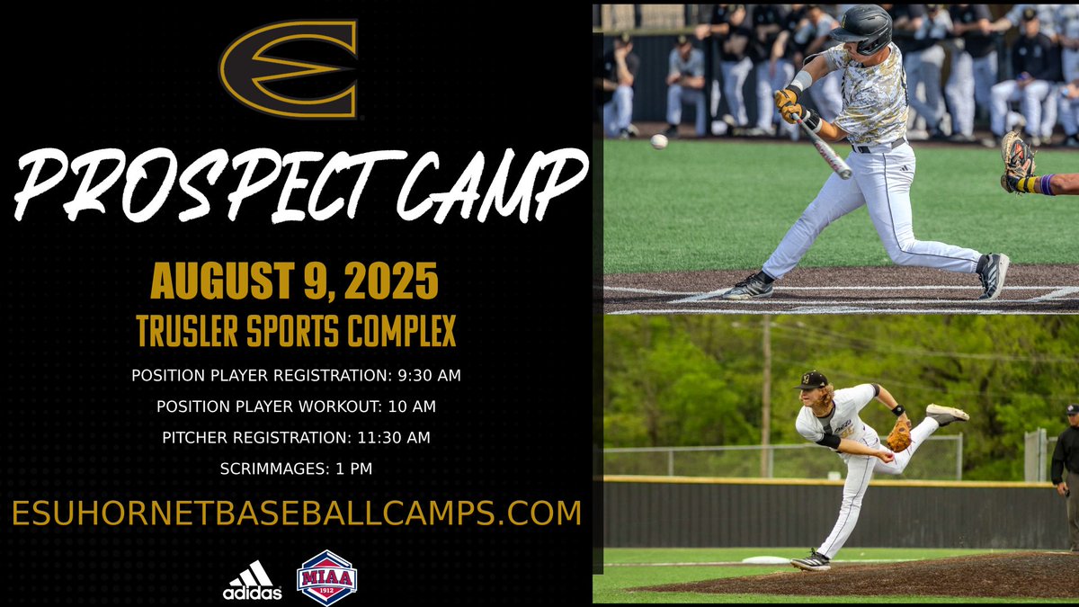 Come join us August 9th for our end of summer Prospect Camp! Open to all 2026-2028 high school graduates. Pro style workout plus positional/pitcher evaluations from the Hornet Coaching Staff. #StingersUp

Register here: esuhornetbaseballcamps.com