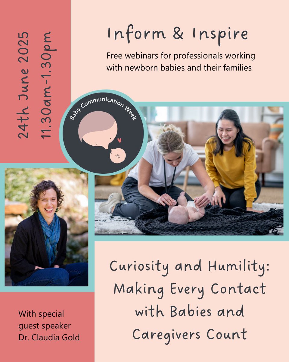 BrazeltonUK's tweet image. 📢Last chance to sign up!
➡️ shorturl.at/qN5mc
#BabyCommunicationWeek25 special of our Inform & Inspire webinars for professionals.
Dr Claudia Gold will be speaking on how approaching interactions with babies & families from a stance of 'not-knowing' transforms practice.