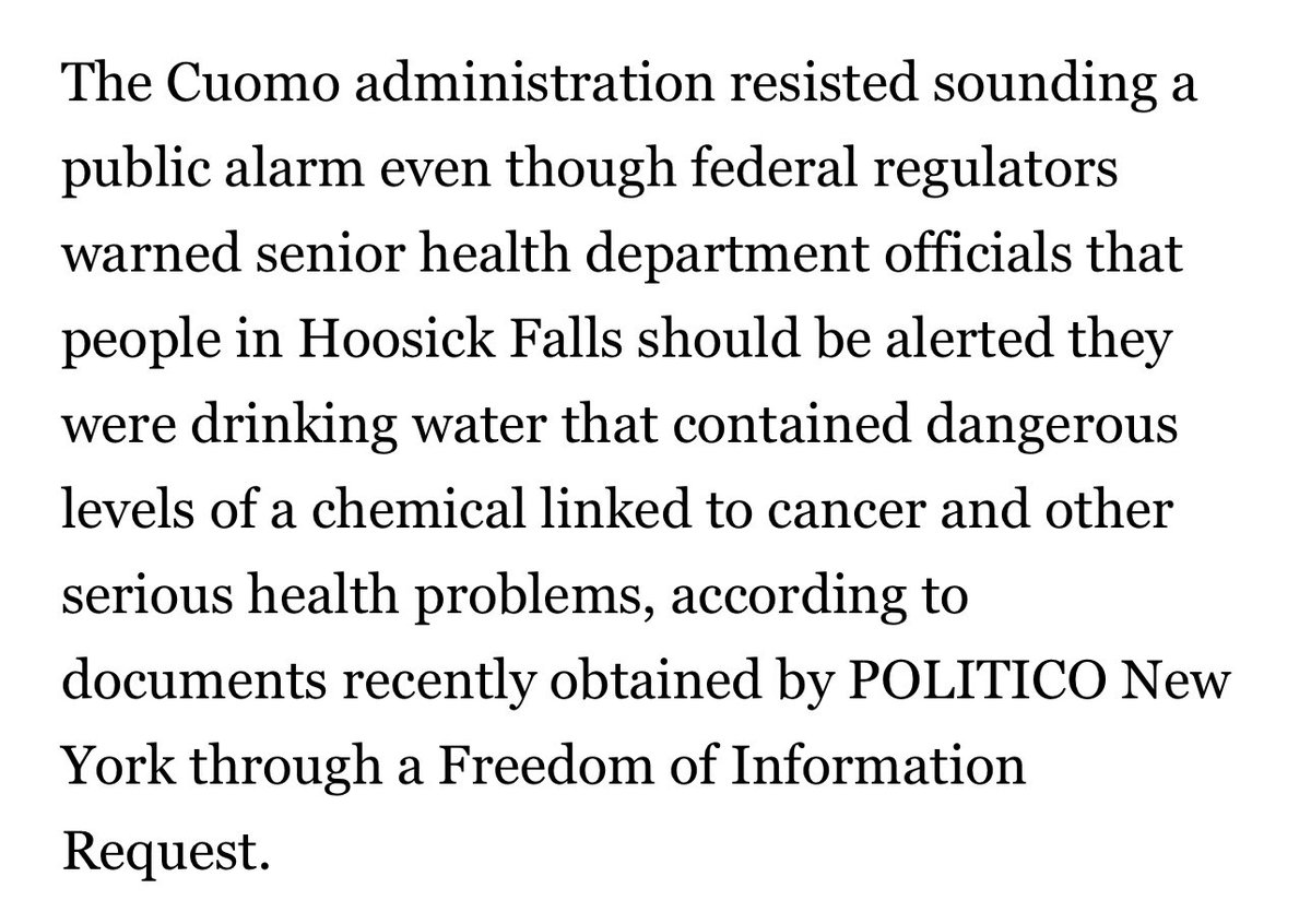 an Andrew Cuomo scandal many seem to have forgotten about:

as governor, Cuomo told the people of upstate NY town Hoosick Falls that their water was safe to drink…

…while the Obama admin was warning Cuomo that their water was polluted with cancer-causing chemicals