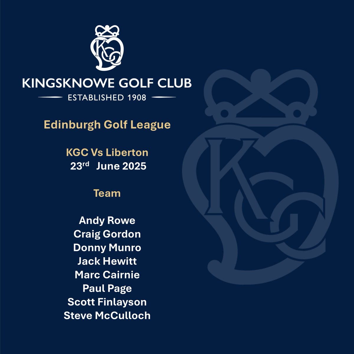 The Gents team are in action in just over an hour tonight. Home fixture against Liberton GC. Here's the team selection for the tie. 

#kingsknowegolfclub #edinburgh #edinburghgolfleague #scottishgolf  #golfinscotland #morethanagolfclub  #golfstagram #instagolf