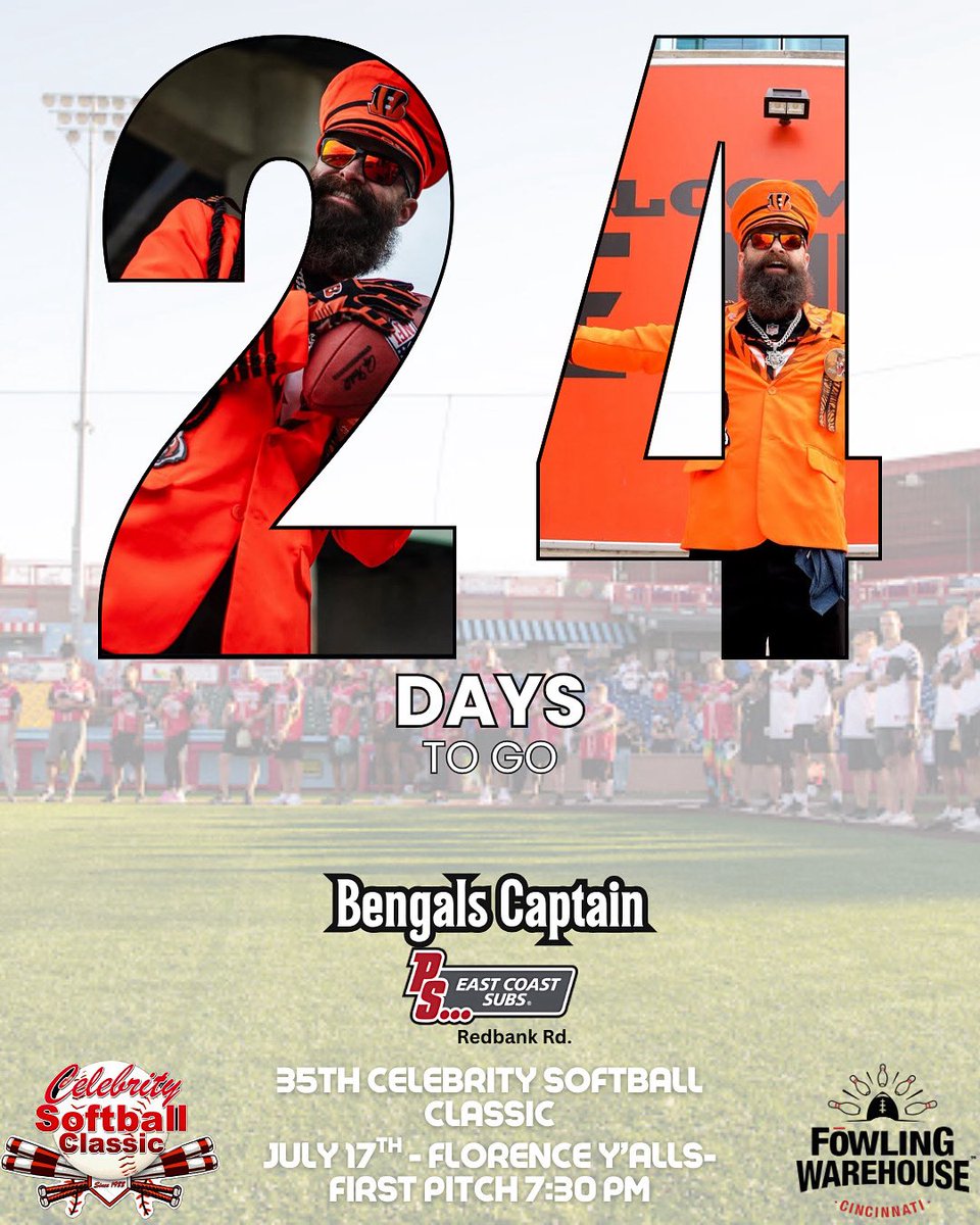 Celebrity Softball Classic (@csbc2024) on Twitter photo 24 DAYS AWAY! ⚾🔥
The legendary <a href="/BengalsCaptain/">𝗕𝗲𝗻𝗴𝗮𝗹𝘀𝗖𝗮𝗽𝘁𝗮𝗶𝗻</a> is suiting up for the 35th Celebrity Softball Classic 💪
📍 Florence Y’alls Ballpark
🗓️ July 17 | 🕢 First pitch: 7:30 PM
Presented by PS East Coast Subs – Redbank Rd!
#CelebritySoftballClassic #WhoDey #BengalsCaptain 24 DAYS AWAY! ⚾🔥
The legendary <a href="/BengalsCaptain/">𝗕𝗲𝗻𝗴𝗮𝗹𝘀𝗖𝗮𝗽𝘁𝗮𝗶𝗻</a> is suiting up for the 35th Celebrity Softball Classic 💪
📍 Florence Y’alls Ballpark
🗓️ July 17 | 🕢 First pitch: 7:30 PM
Presented by PS East Coast Subs – Redbank Rd!
#CelebritySoftballClassic #WhoDey #BengalsCaptain