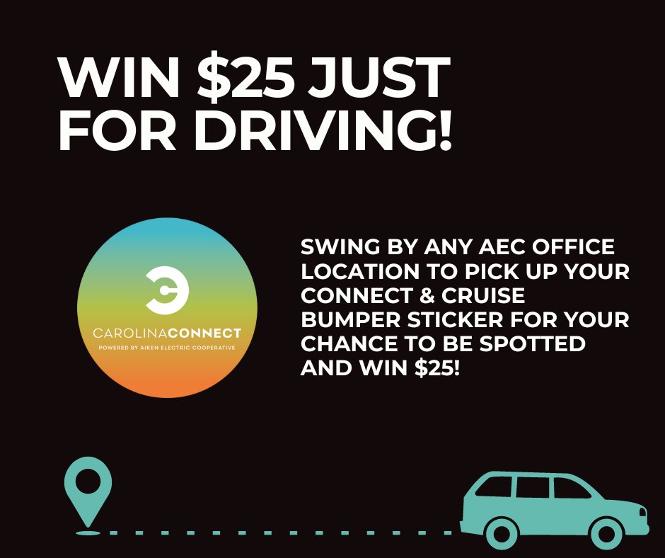 Who's ready to win $25?! ✋ Swing by any AEC office to pick up your Connect &amp; Cruise bumper sticker for a chance to be spotted and win some cash! 🚗 💵
