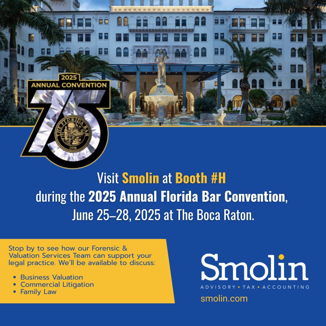 Smolin will be at The Florida Bar 2025 Annual Convention📍 Booth #H | 📅 June 25–28 | 
We’re excited to connect with legal professionals! Stop by Booth #H to meet our Forensic &amp; Valuation Services Team &amp; explore how we can support your legal practice. #Smolin #FloridaBar2025