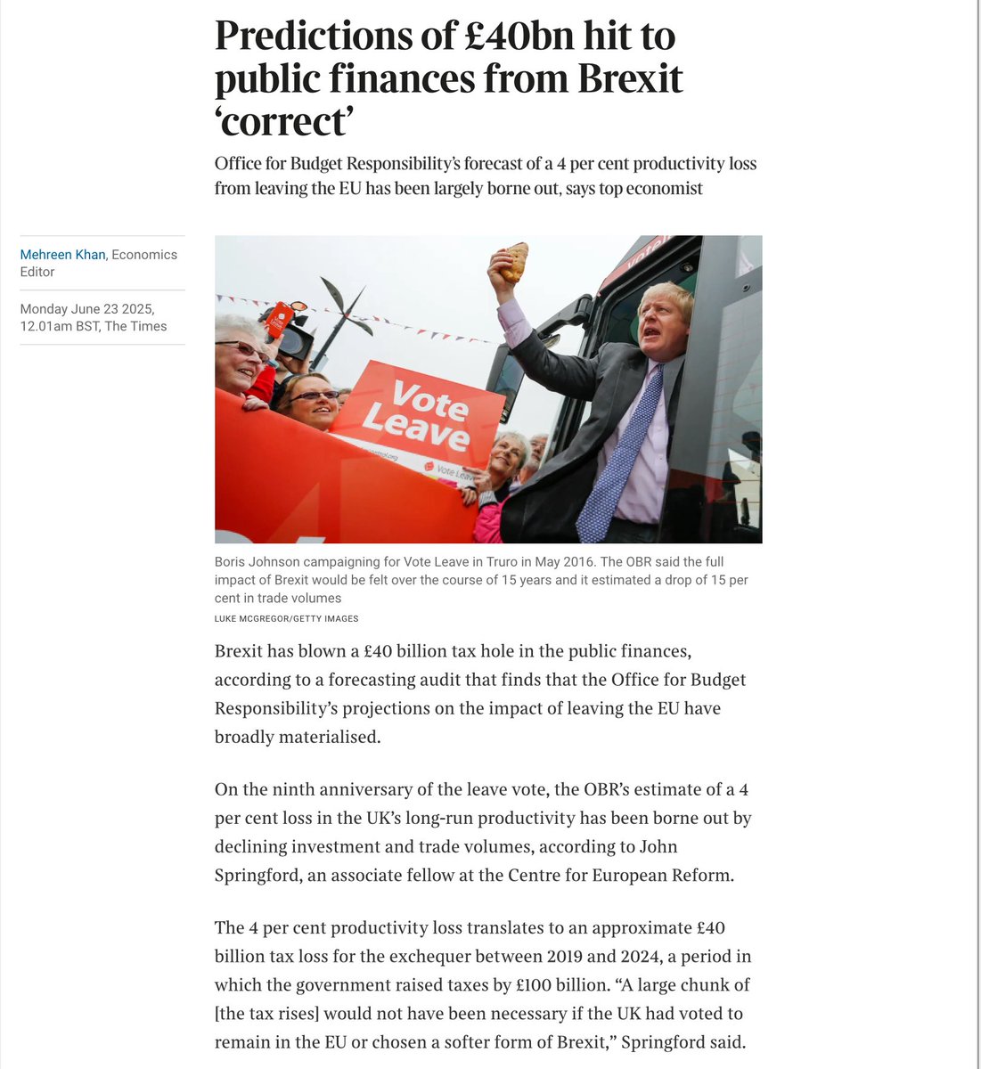 “The 4% loss translates to ~£40bn tax loss between 2019 &amp; 2024, a period in which the government raised taxes by £100bn. “A large chunk of [the tax rises] wouldn’t have been necessary if the UK had remained in the EU or chosen a softer form of Brexit” archive.ph/dADIn