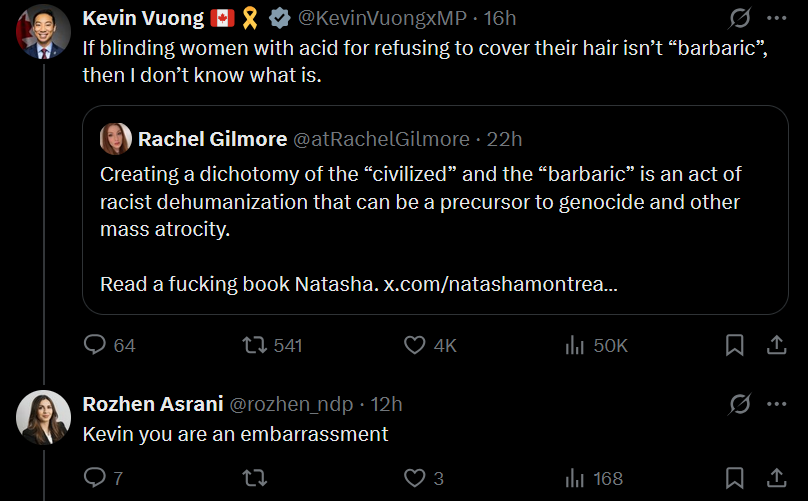 KevinVuongxMP's tweet photo. I didn't know the 'D' in NDP stood for 'Deforming women with acid for refusing to cover their hair'.

Thanks to the NDP's former candidate for Etobicoke-Lakeshore for enlightening me. https://t.co/V0svqMkBWk