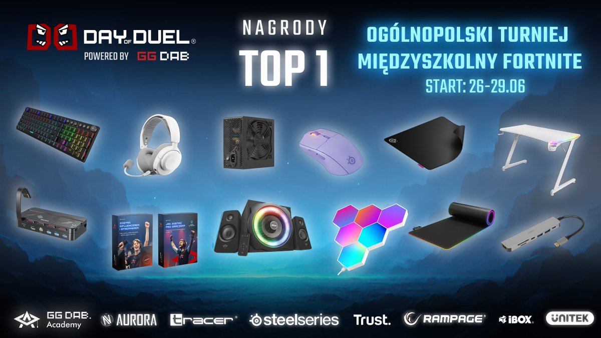 🥇 Macie skilla w Fortnite? To czas pokazać, kto rządzi w lobby!
 W Ogólnopolskim Turnieju Międzyszkolnym Fortnite walczycie nie tylko o fejm i tytuł najlepszego… ale też o MEGA paczkę nagród, która rozbudzi każdy gamingowy setup 🔥

Dla zwycięzców wielkiego finału 29 czerwca