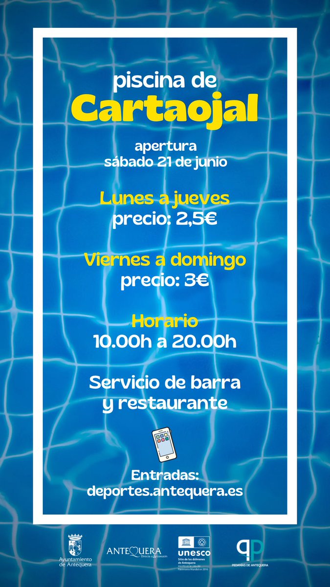 🏊‍♂️  ¡Ya está a tu disposición la piscina de #Cartaojal! 

Consulta en imagen: 
⏰ Horarios
💶 Precios
📆 Días 

🎟️ Entradas disponibles en:
deportes.antequera.es

Seguimos trabajando por los vecinos de nuestras pedanías