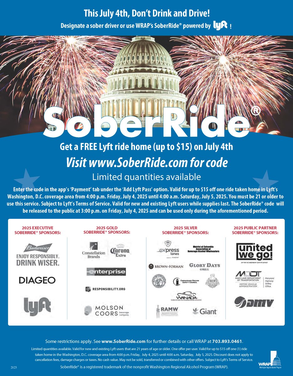 Free #IndependenceDay Lyft Rides on July 4th!
Offered by Washington Regional Alcohol Program <a href="/WRAP_org/">WRAP.org</a>, the 2025 Independence Day SoberRide® program will be in operation from 4PM Friday, July 4th until 4AM on Saturday, July 5th. Stay safe &amp; download the <a href="/lyft/">Lyft</a> app to #ArriveAlive.